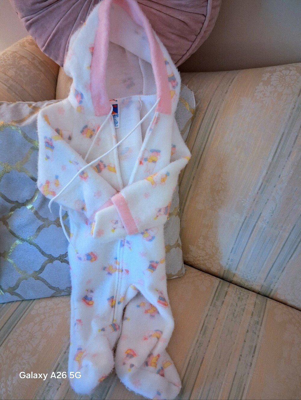 Carter's White /Pink Hooded Fleece One-Piece with Pink Trim and Multicolor Print